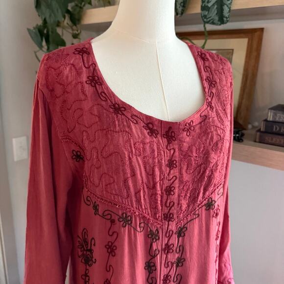 Vintage Boho Floral Embroidered Maxi Dress Pink One Size Hippie Lagenlook Artsy - Picture 4 of 12